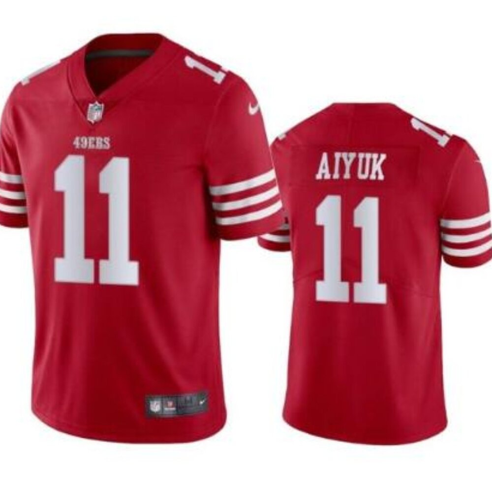 San Francisco 49ers Brandon Aiyuk red jersey.